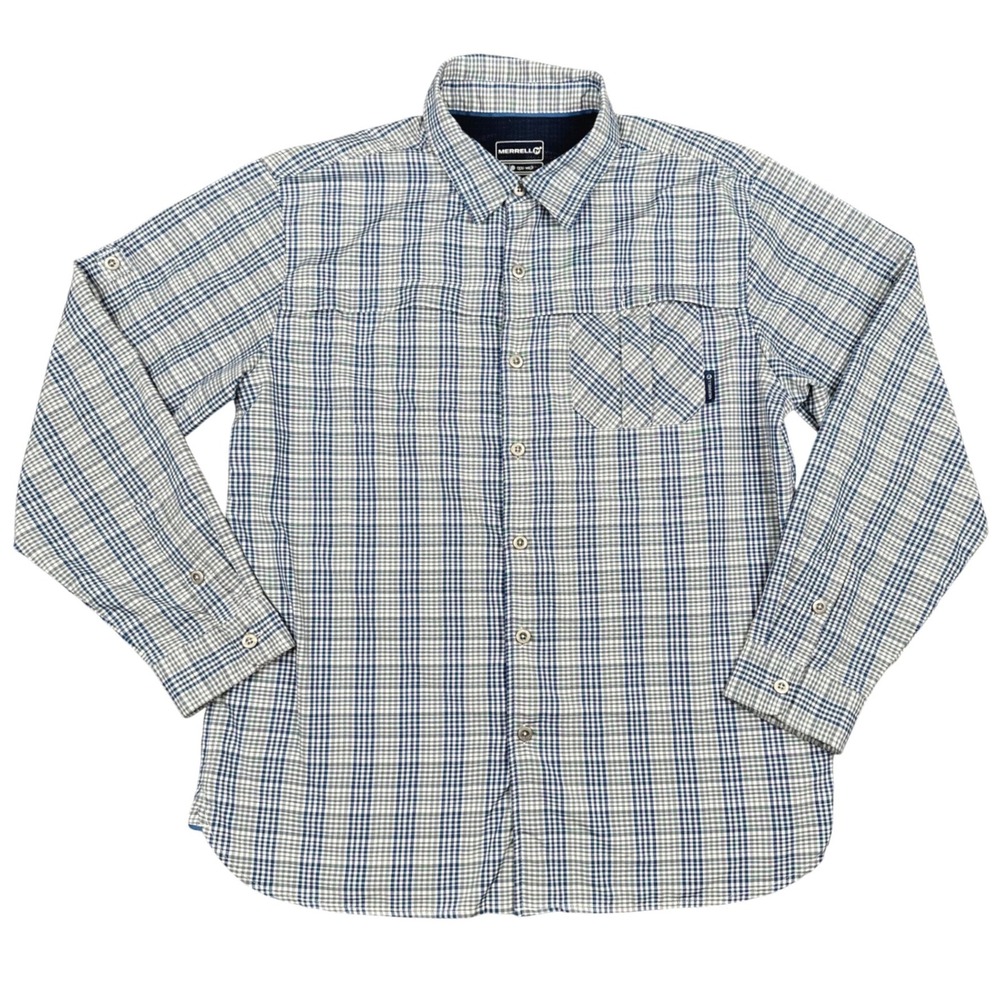 Merrell Opti-Wick Hiking Shirt Mens‎ Large Blue Gingham Plaid UPF 50 Outdoor